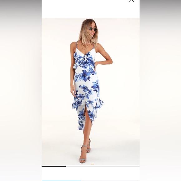 Island Time Blue and White Floral Print Ruffled Midi Dress by LULU's - Picture 2 of 16